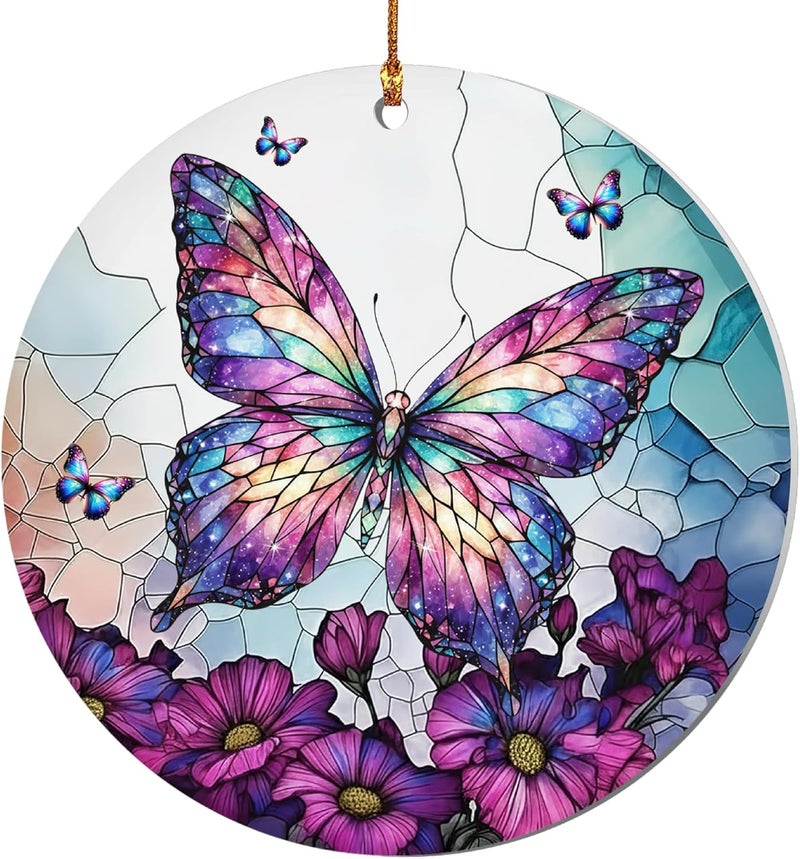 Hutato Butterfly Ornament – Butterfly Christmas Tree Ornament, Handmade Butterflies Gift 2025, Acrylic Round Hanging, Suncatcher Ornaments, Holiday Present for Women, Girls - Image 1